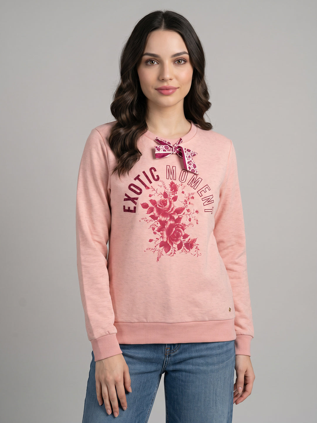 Women Peach Printed Round Neck Full Sleeve Sweatshirt