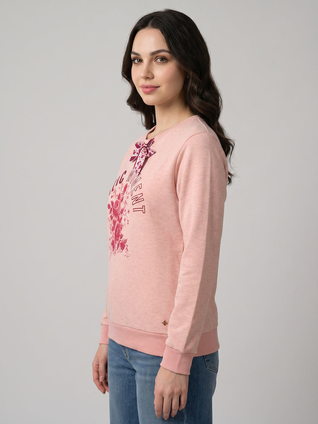 Women Peach Printed Round Neck Full Sleeve Sweatshirt