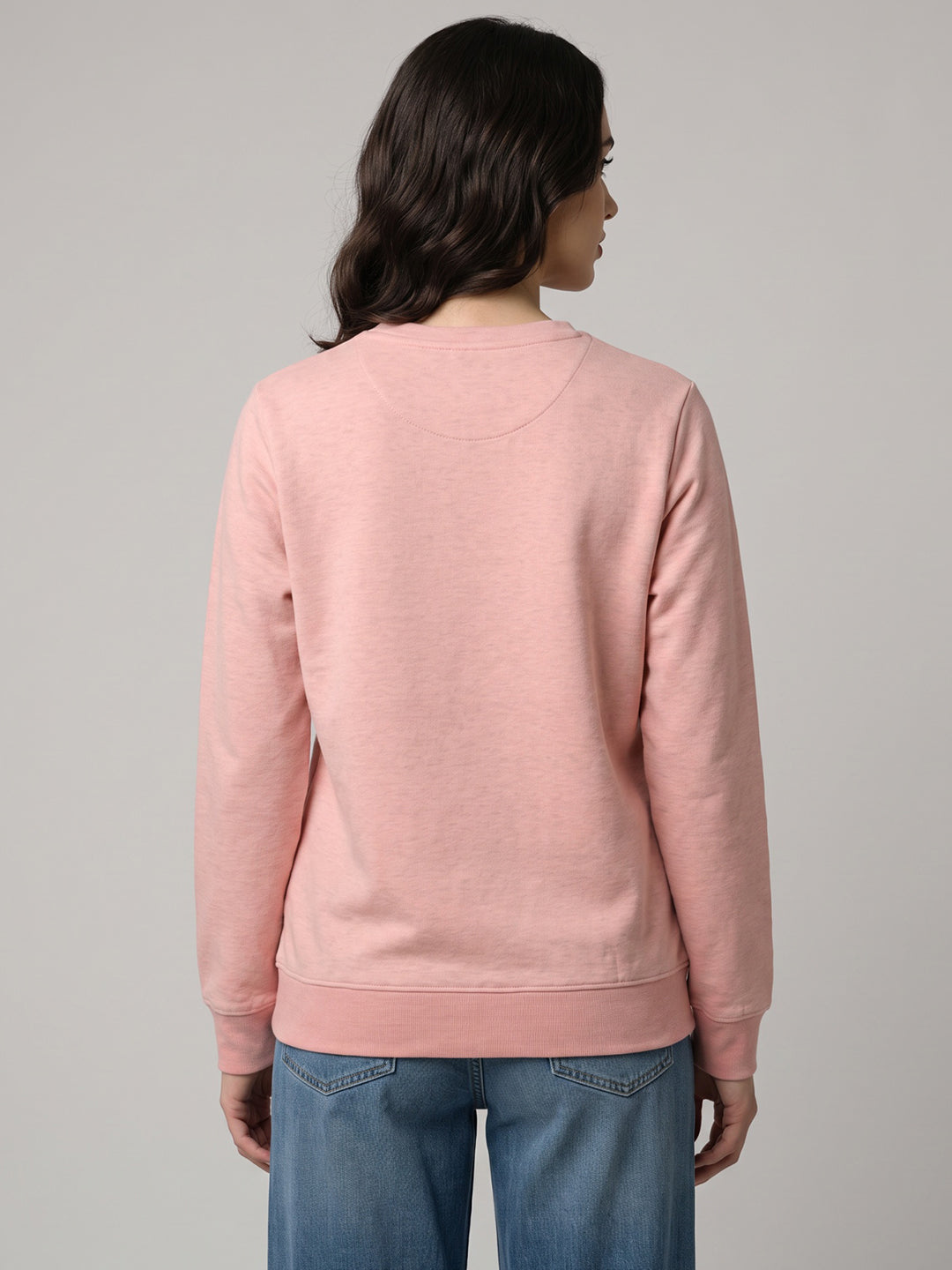 Women Peach Printed Round Neck Full Sleeve Sweatshirt