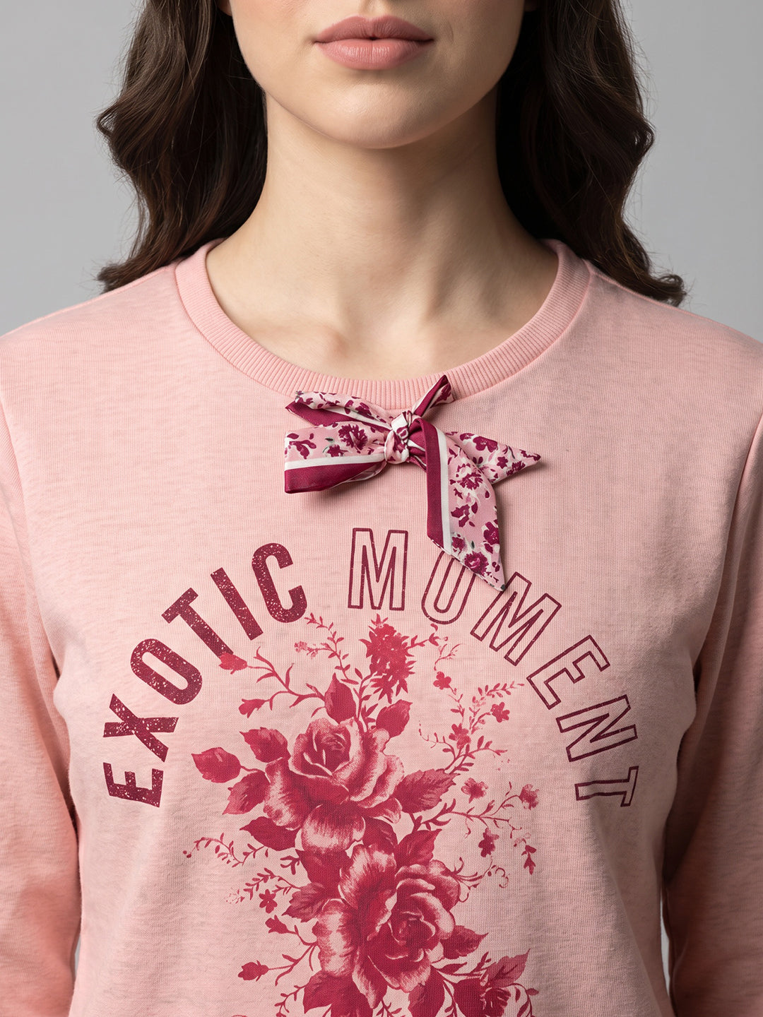 Women Peach Printed Round Neck Full Sleeve Sweatshirt