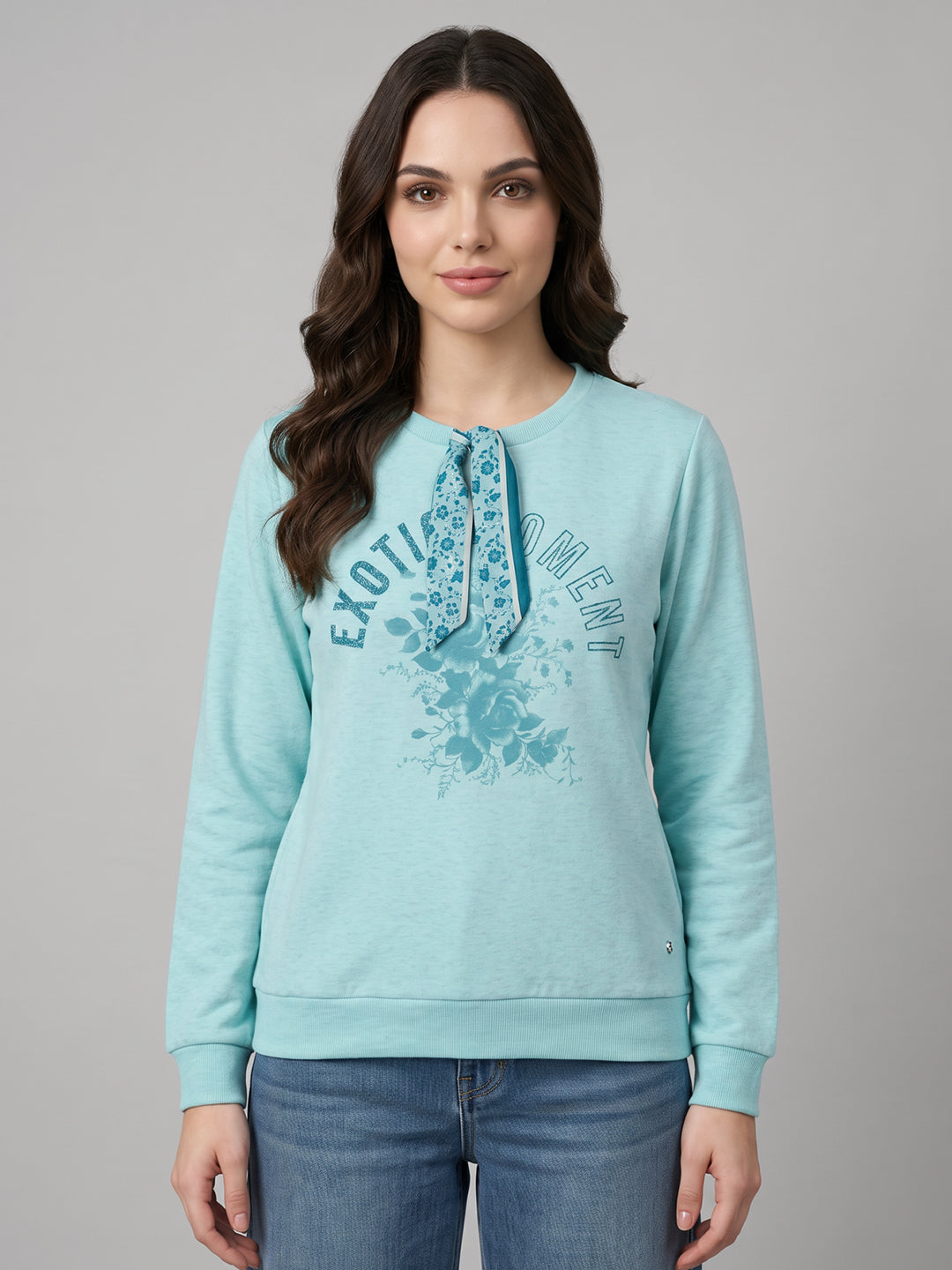 Women Blue Printed Round Neck Full Sleeve Sweatshirt