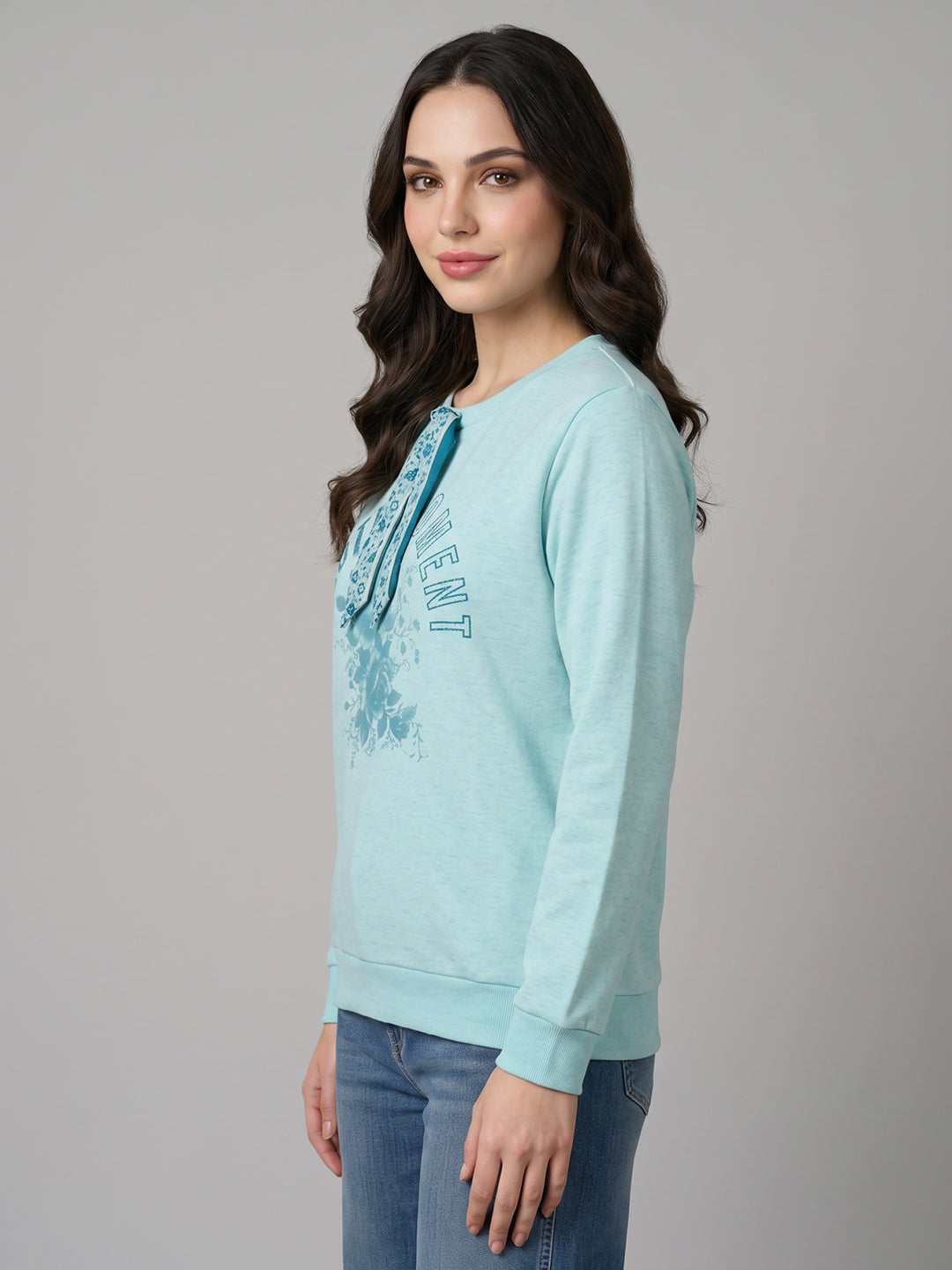 Women Blue Printed Round Neck Full Sleeve Sweatshirt