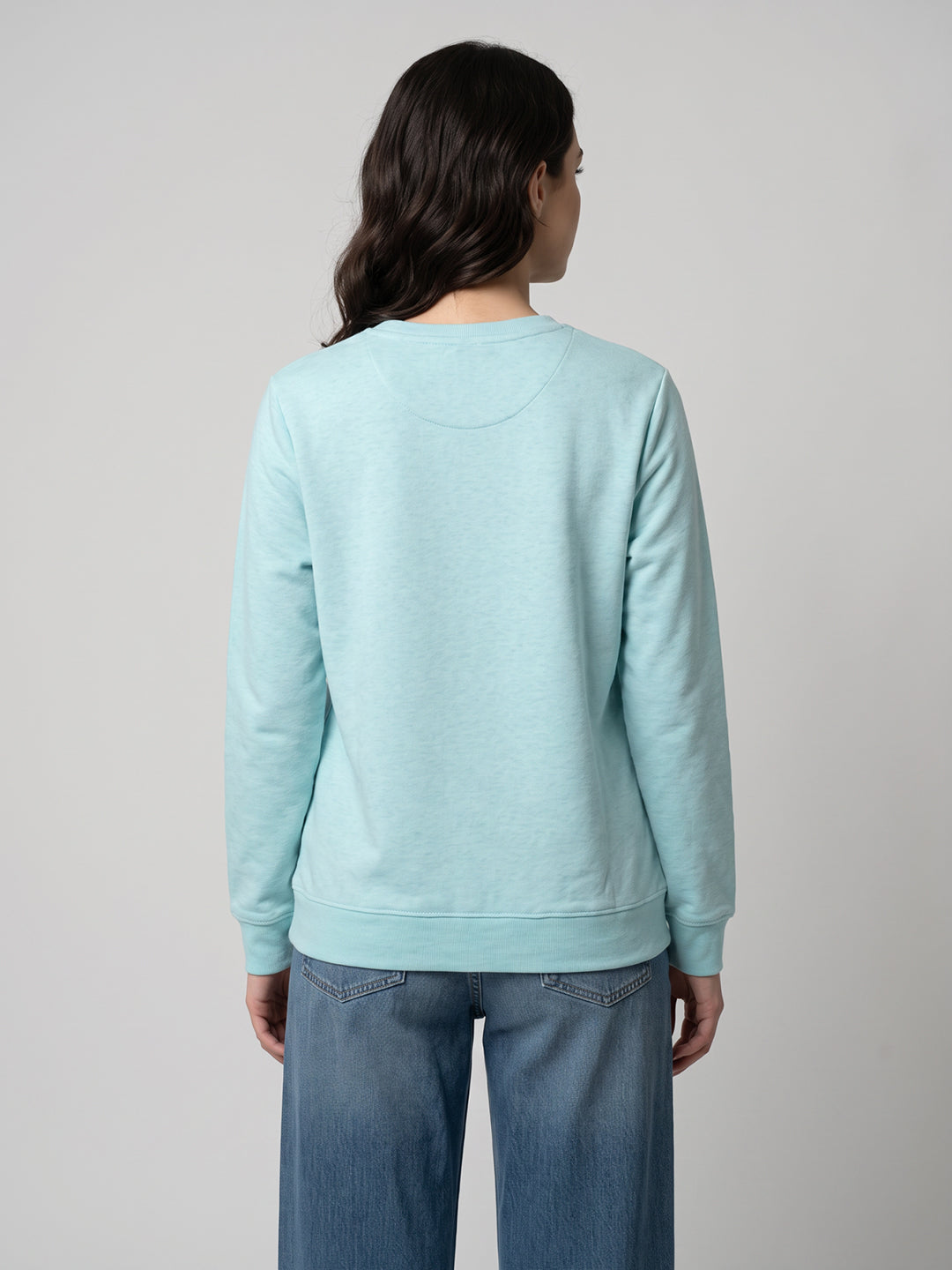 Women Blue Printed Round Neck Full Sleeve Sweatshirt