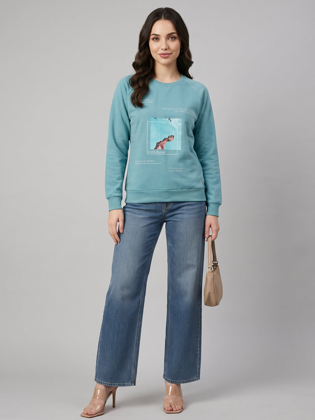 Women Blue Graphic Print Round Neck Full Sleeve Sweatshirt