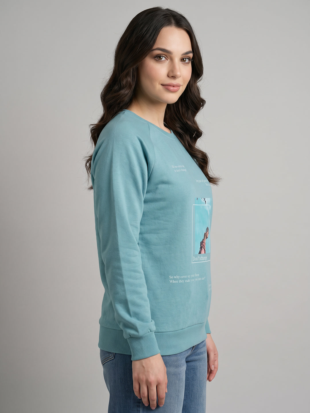 Women Blue Graphic Print Round Neck Full Sleeve Sweatshirt
