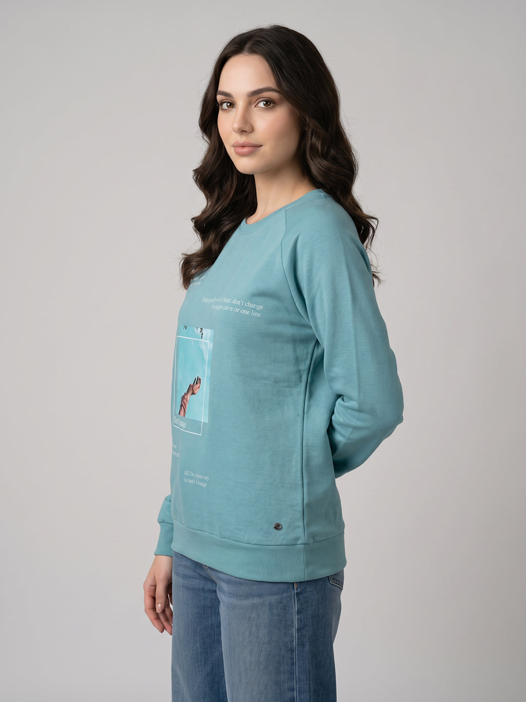 Women Blue Graphic Print Round Neck Full Sleeve Sweatshirt