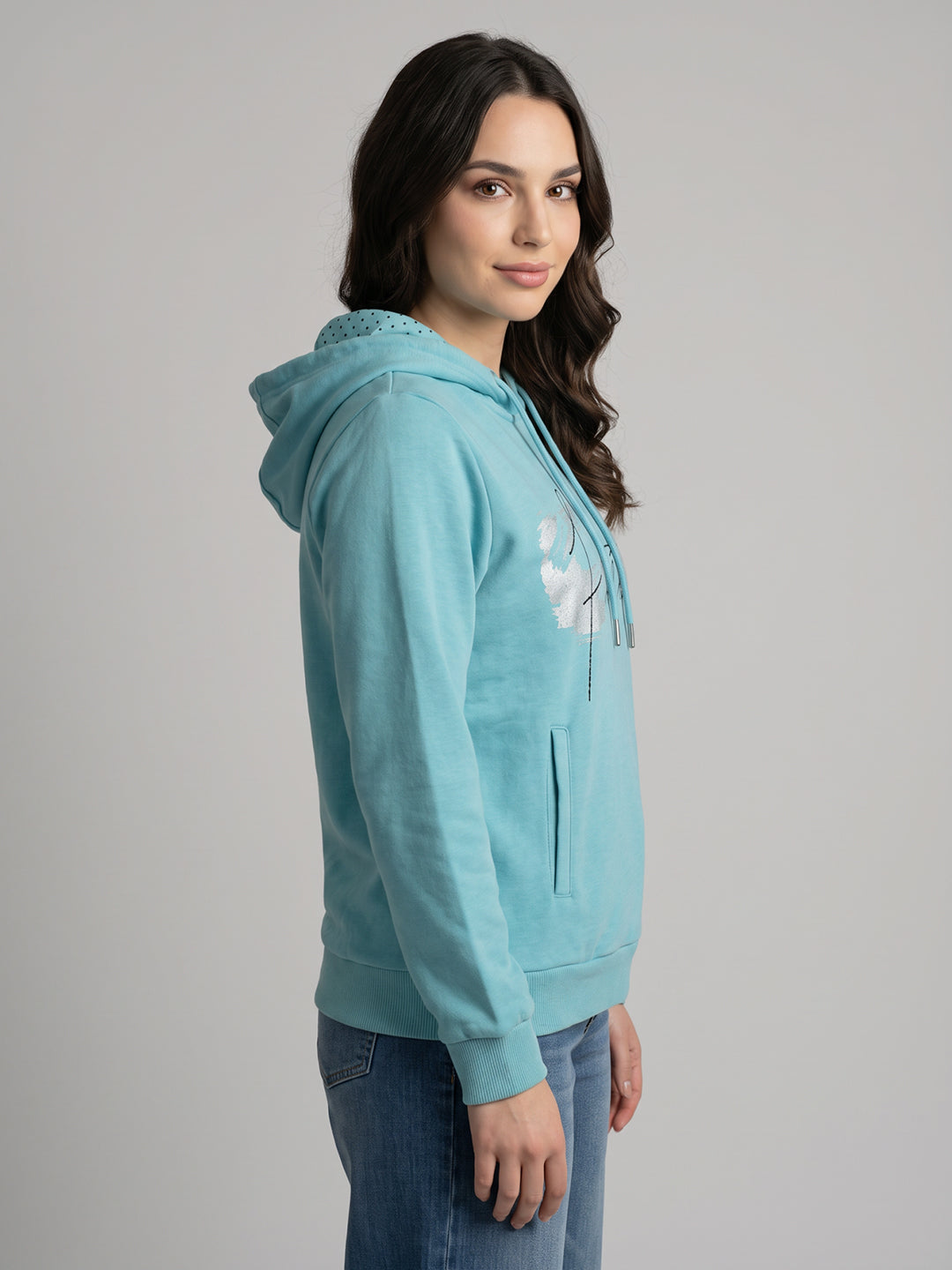 Women Blue Printed Hooded Full Sleeve Sweatshirt