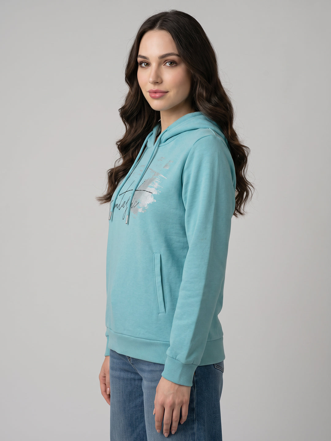 Women Blue Printed Hooded Full Sleeve Sweatshirt