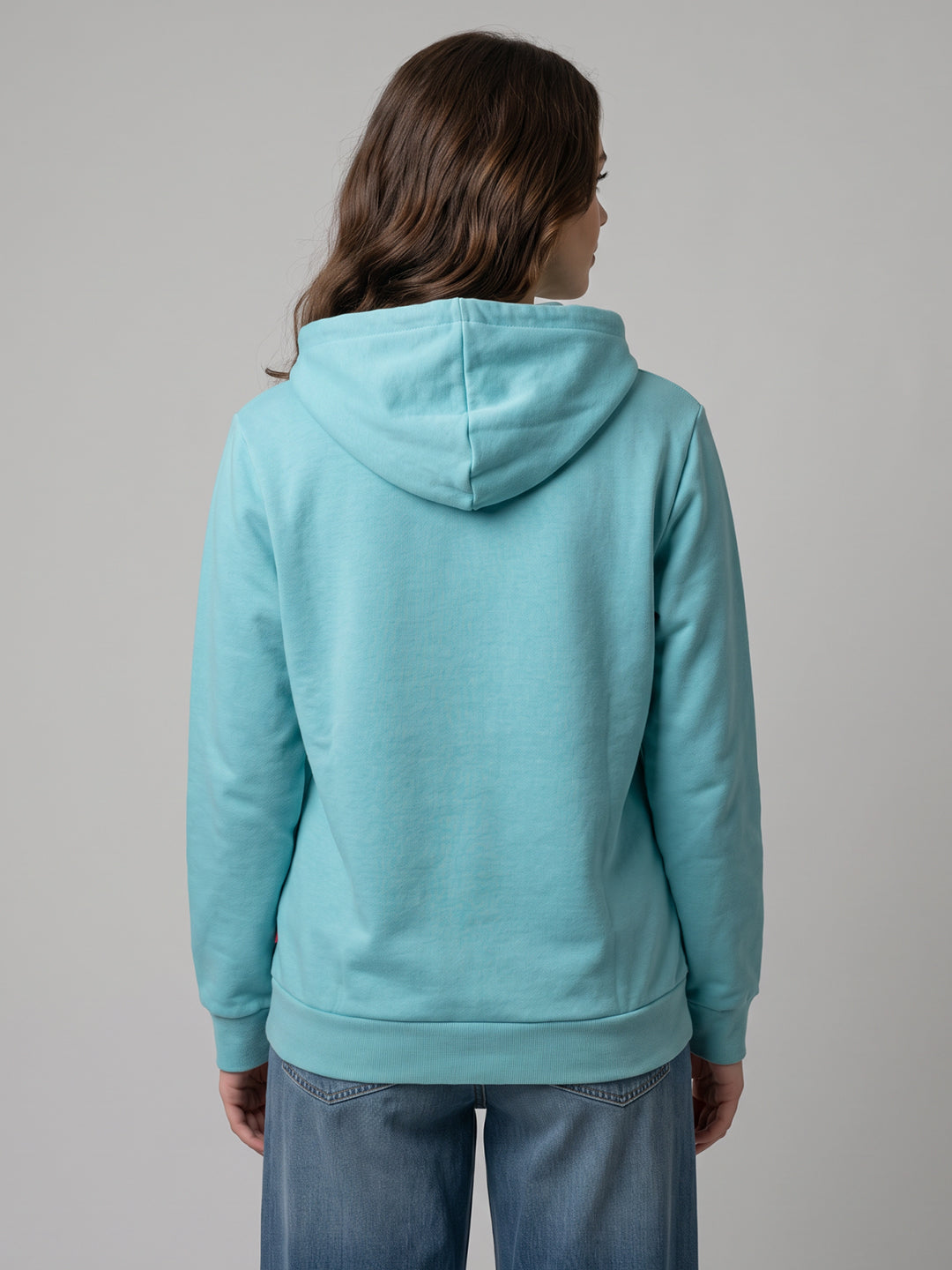 Women Blue Printed Hooded Full Sleeve Sweatshirt