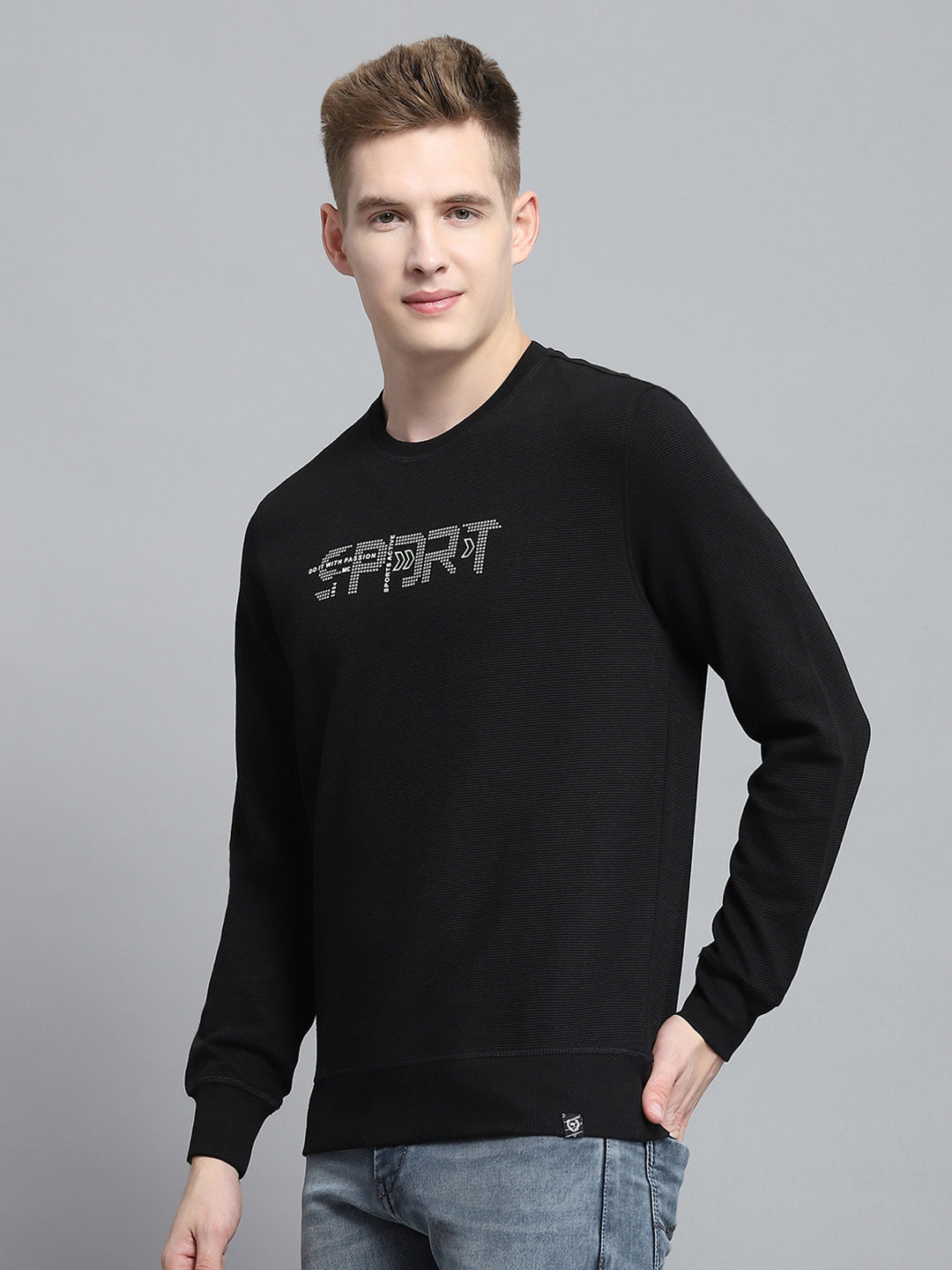 Men Black Printed Round Neck Full Sleeve Winter T-Shirt