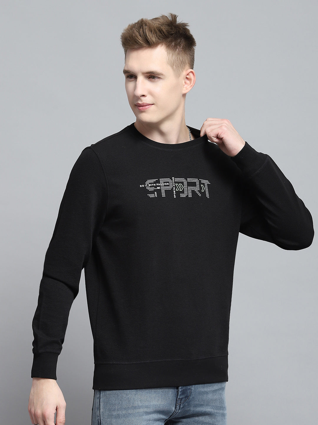 Men Black Printed Round Neck Full Sleeve Winter T-Shirt
