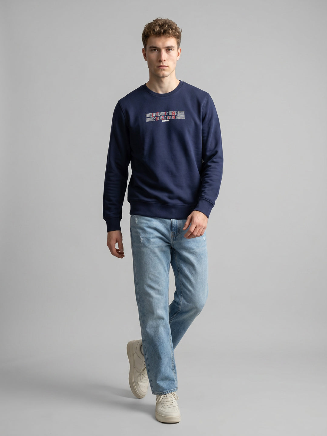 Men Blue Printed Round Neck Full Sleeve Sweatshirt