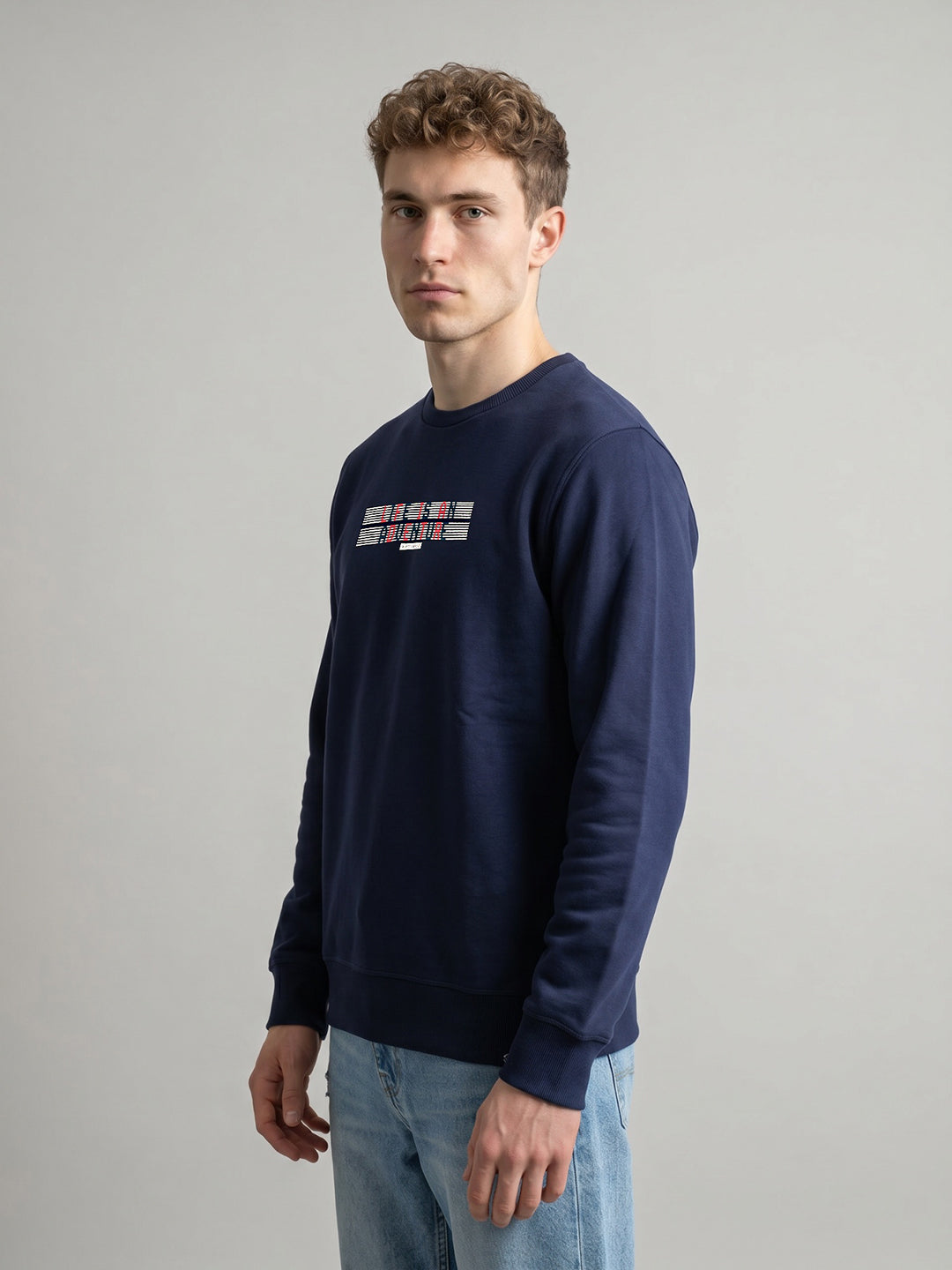 Men Blue Printed Round Neck Full Sleeve Sweatshirt