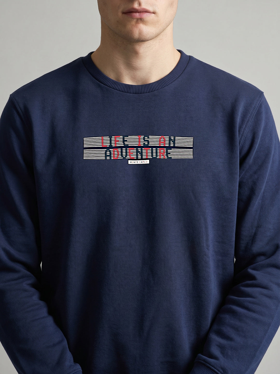 Men Blue Printed Round Neck Full Sleeve Sweatshirt