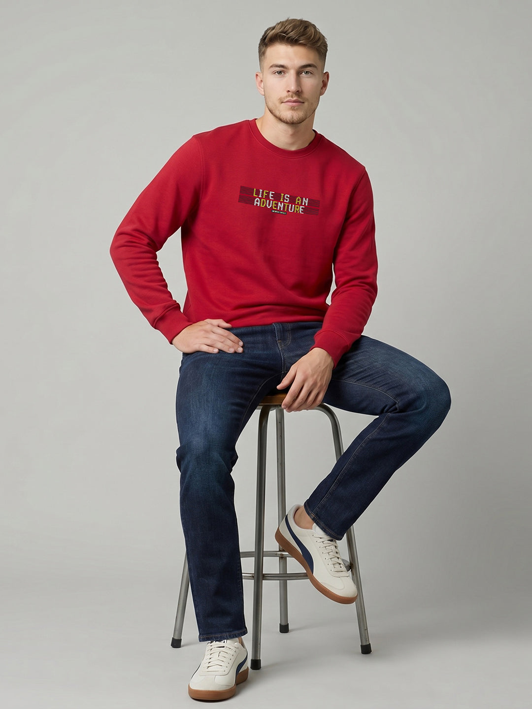 Men Blue Printed Round Neck Full Sleeve Sweatshirt