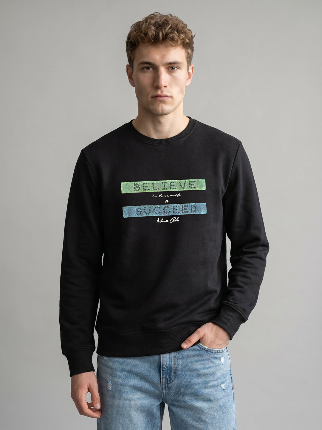 Men Black Printed Round Neck Full Sleeve Sweatshirt