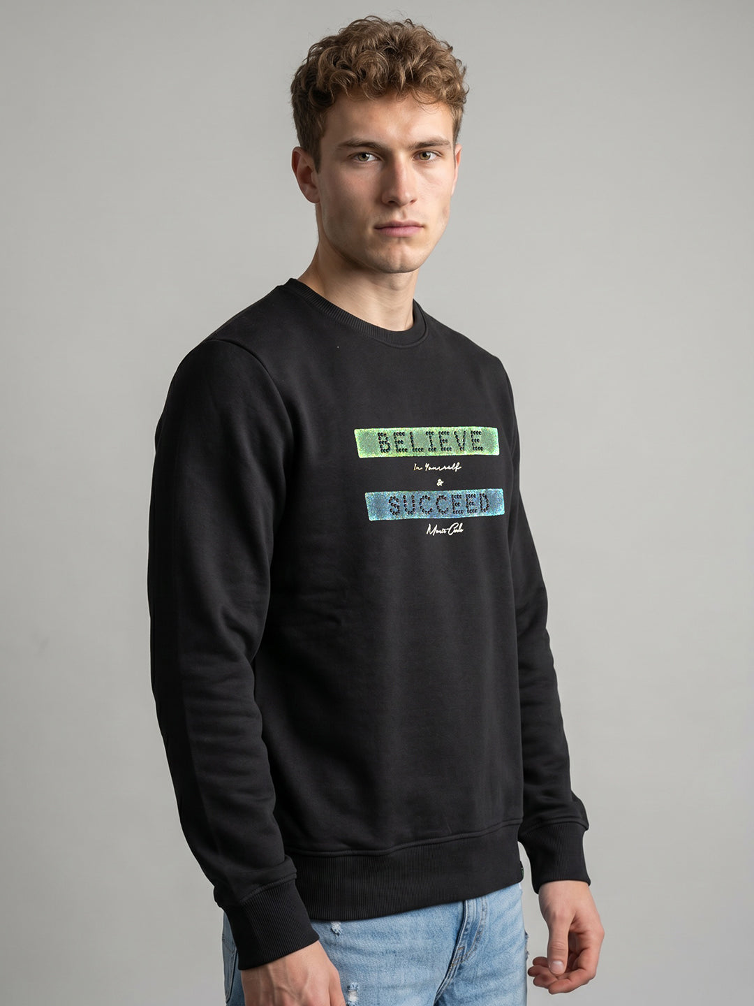 Men Black Printed Round Neck Full Sleeve Sweatshirt