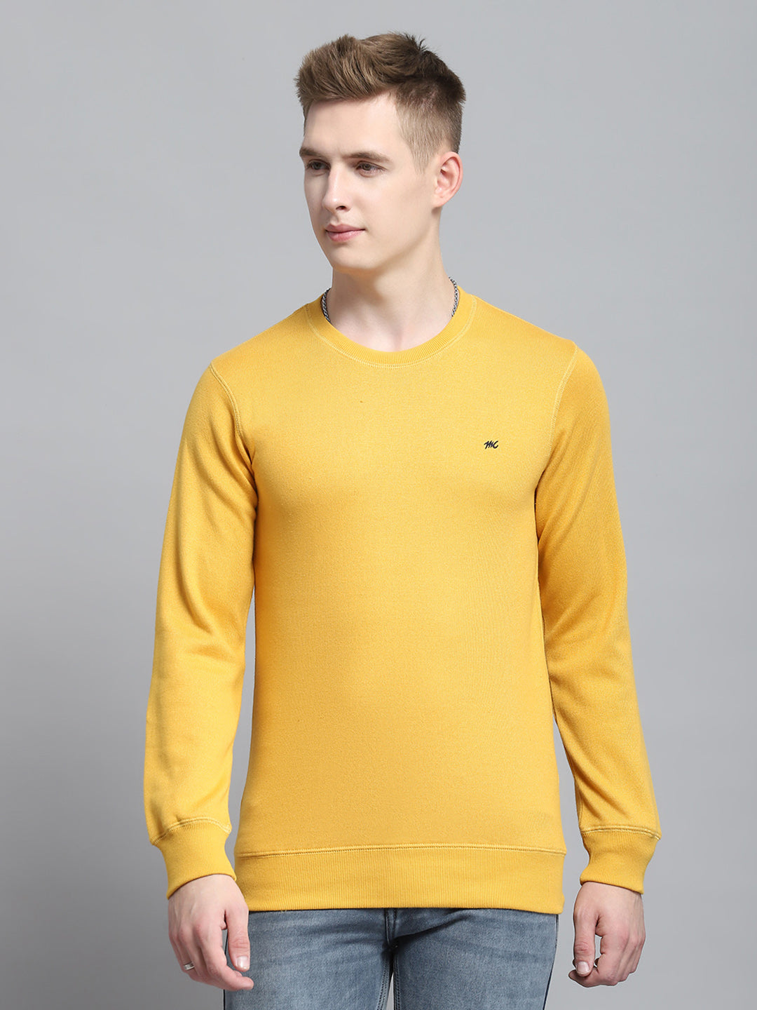 Men Yellow Solid Round Neck Full Sleeve Winter T-Shirt