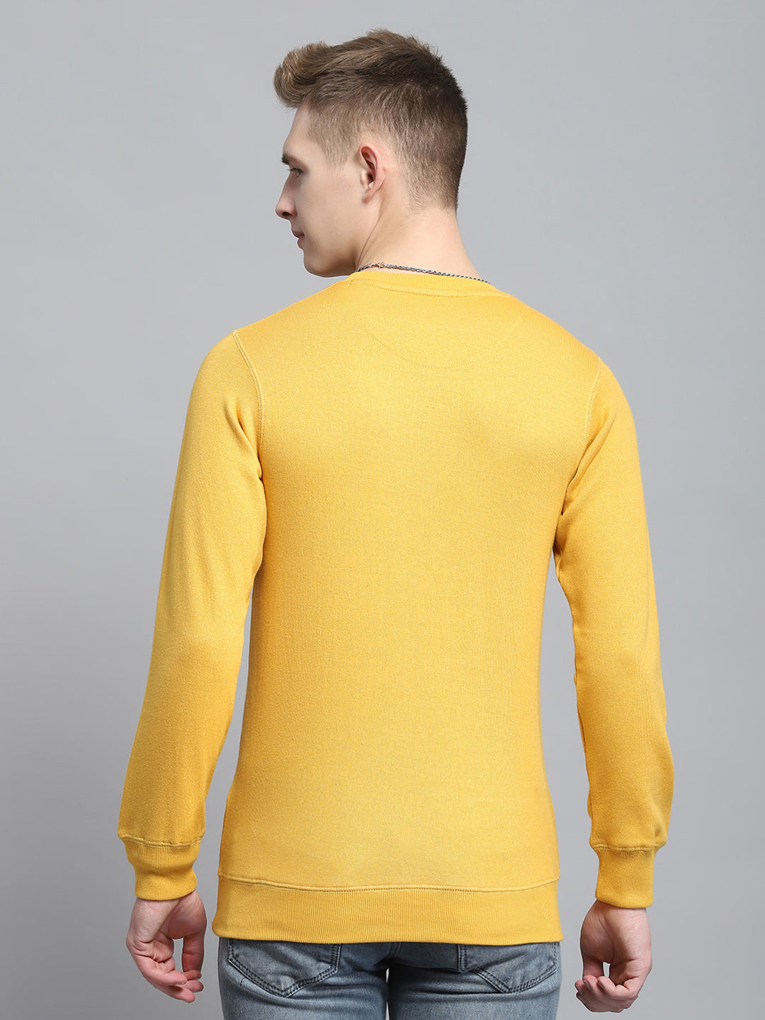 Men Yellow Solid Round Neck Full Sleeve Winter T-Shirt