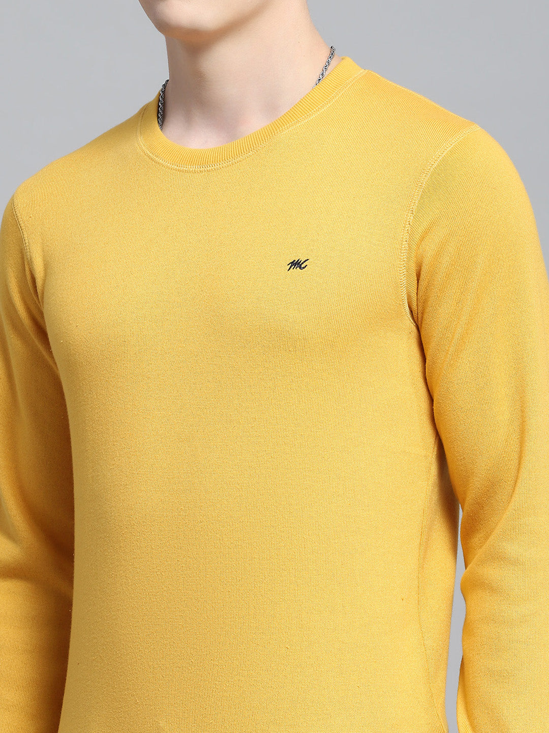 Men Yellow Solid Round Neck Full Sleeve Winter T-Shirt