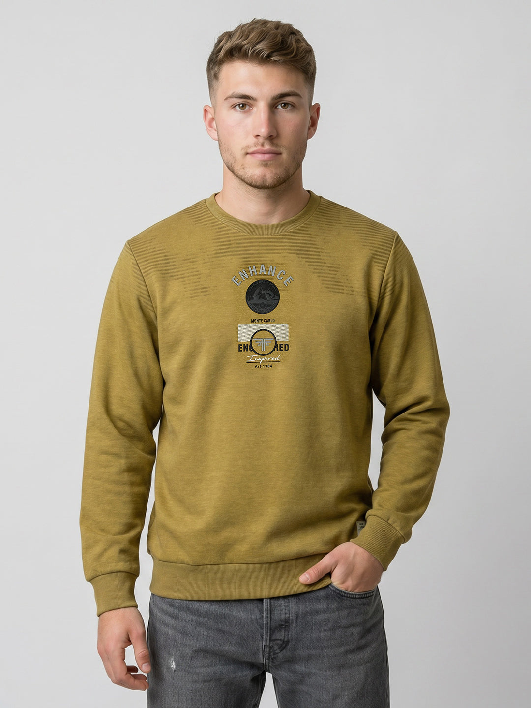 Men Mustard Printed Round Neck Full Sleeve Sweatshirt
