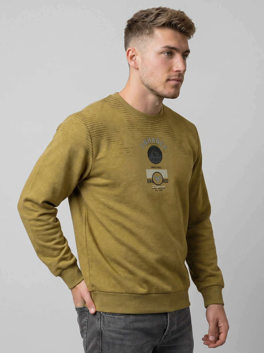 Men Mustard Printed Round Neck Full Sleeve Sweatshirt