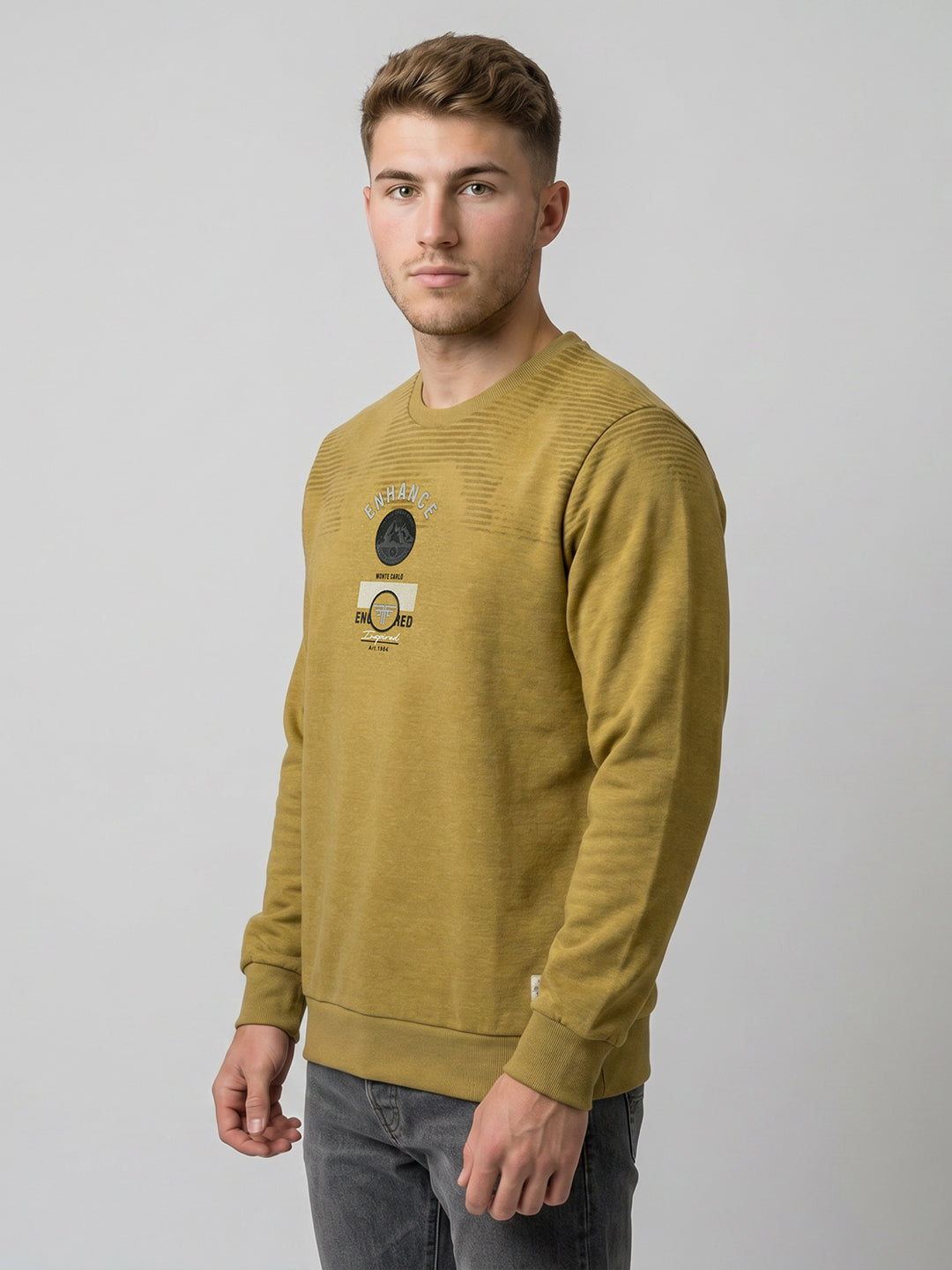 Men Mustard Printed Round Neck Full Sleeve Sweatshirt