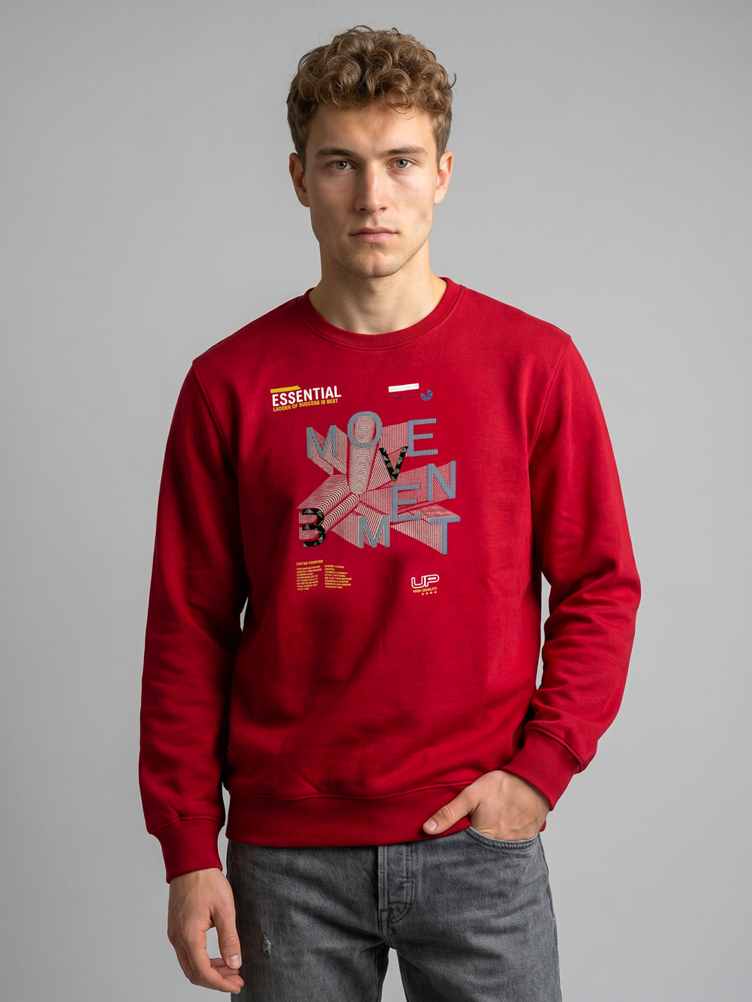 Men Red Printed Round Neck Full Sleeve Sweatshirt