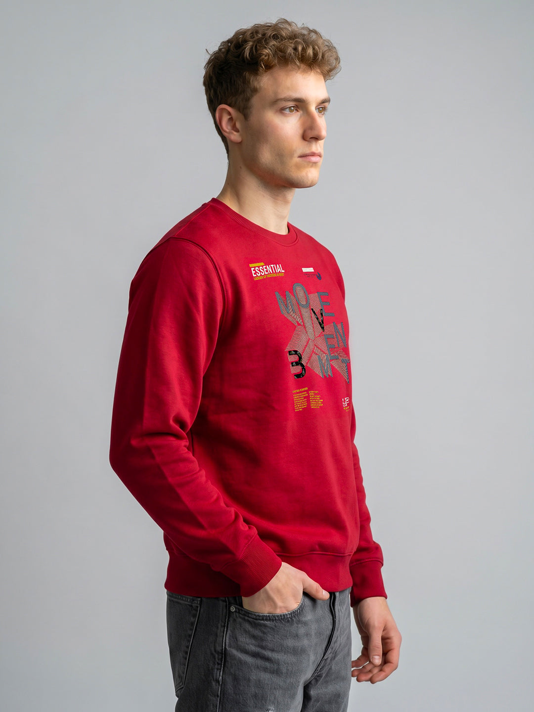 Men Red Printed Round Neck Full Sleeve Sweatshirt