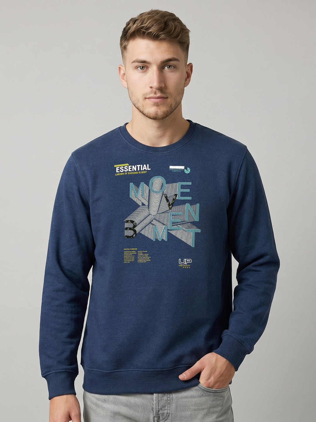 Men Blue Printed Round Neck Full Sleeve Sweatshirt