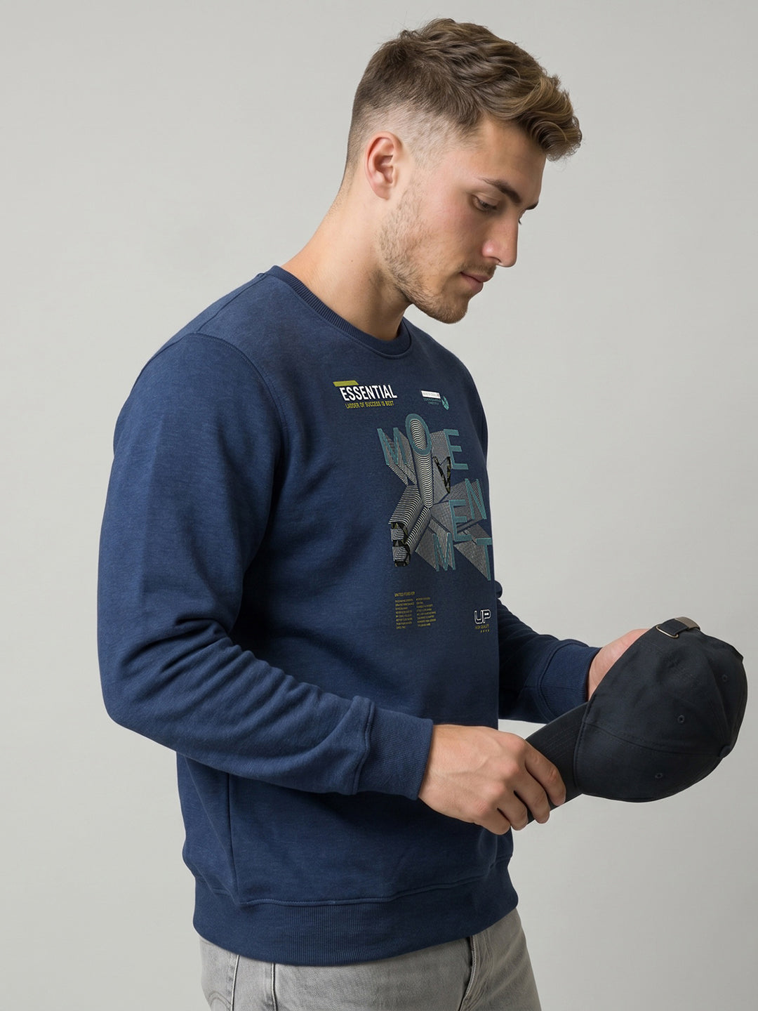 Men Blue Printed Round Neck Full Sleeve Sweatshirt