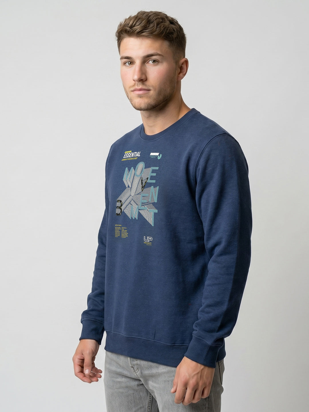 Men Blue Printed Round Neck Full Sleeve Sweatshirt