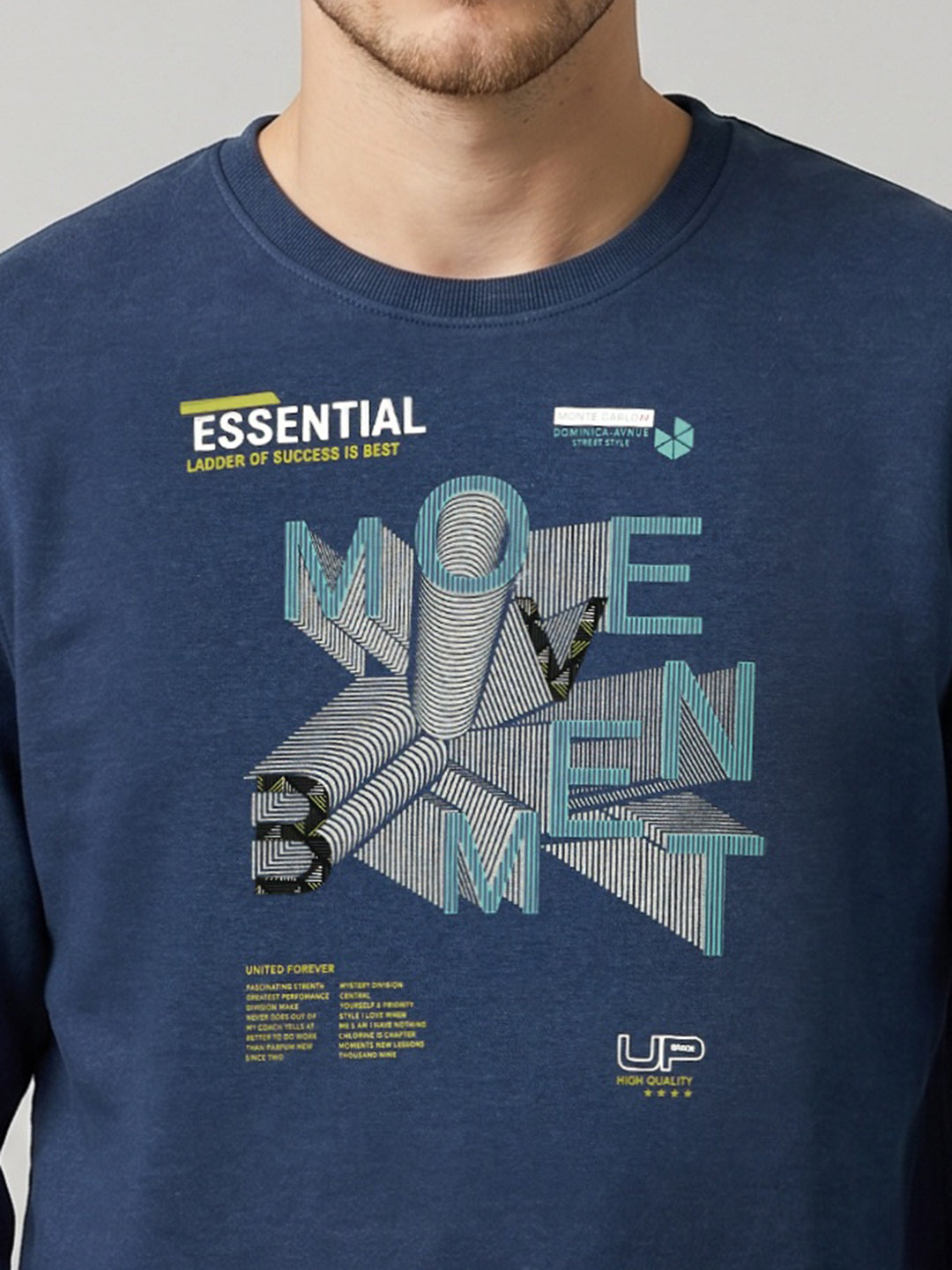 Men Blue Printed Round Neck Full Sleeve Sweatshirt