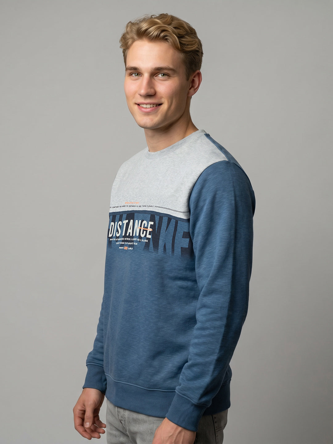 Men Blue Printed Round Neck Full Sleeve Sweatshirt