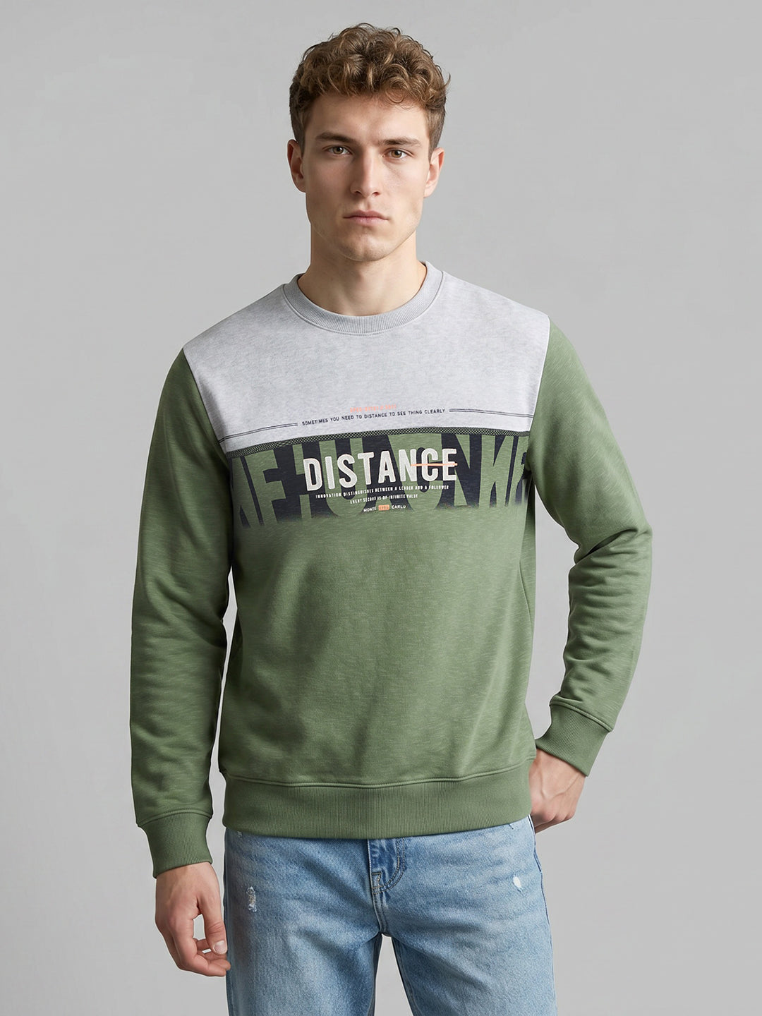 Men Green Printed Round Neck Full Sleeve Sweatshirt