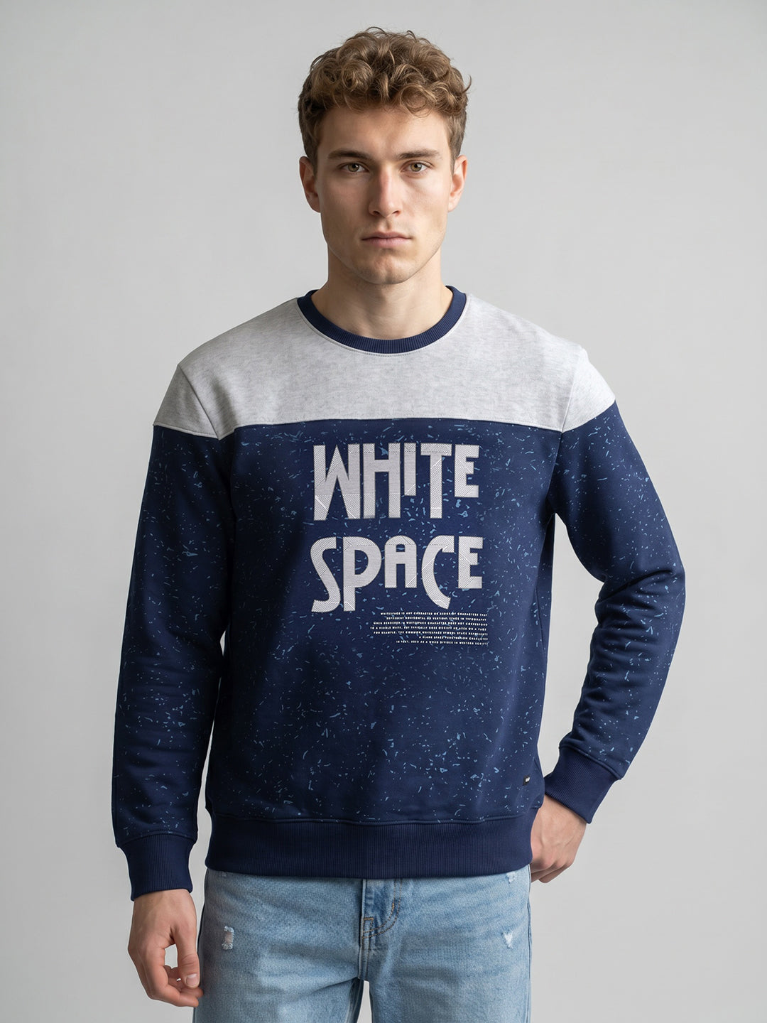 Men Blue Printed Round Neck Full Sleeve Sweatshirt
