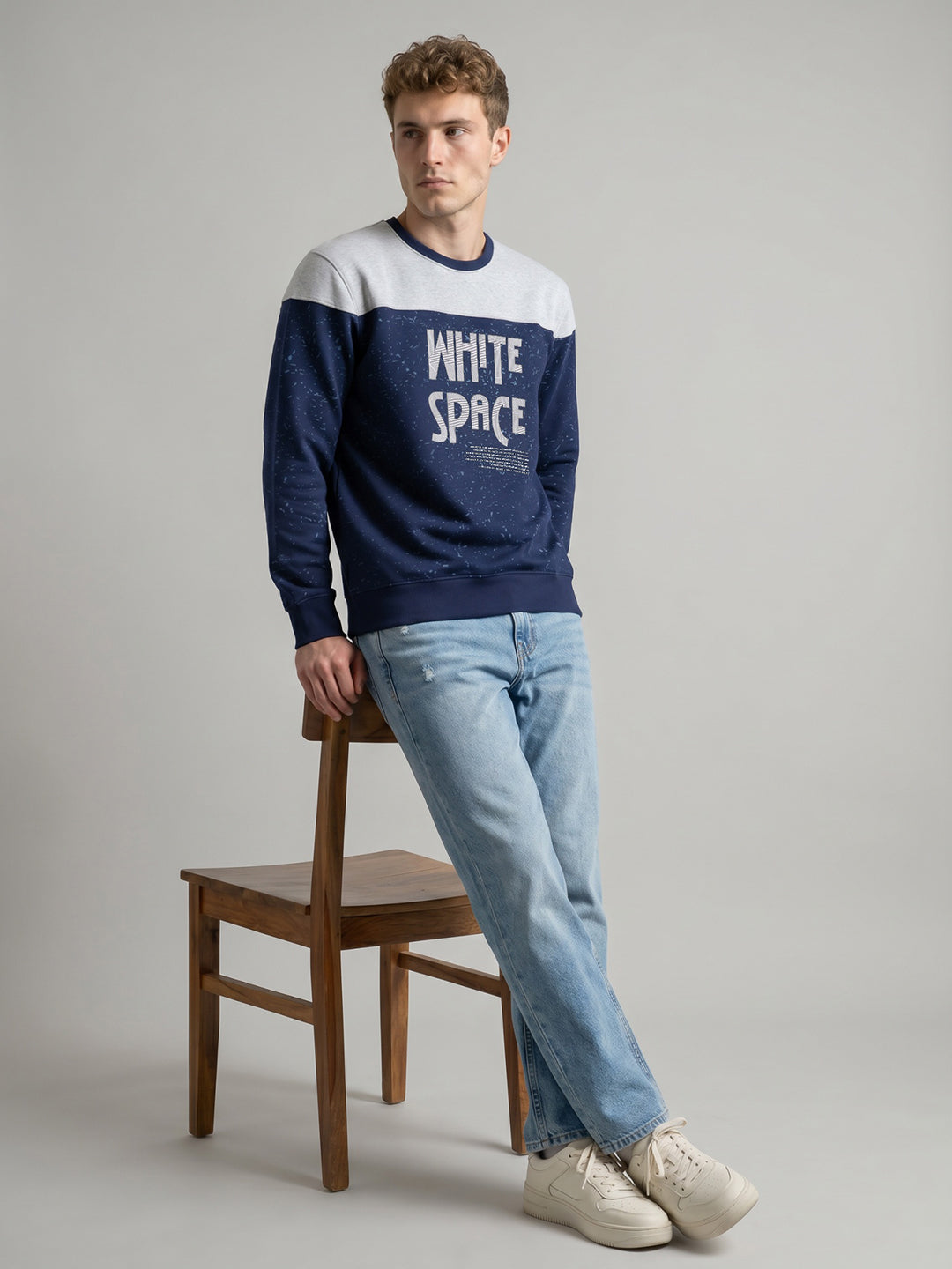 Men Blue Printed Round Neck Full Sleeve Sweatshirt