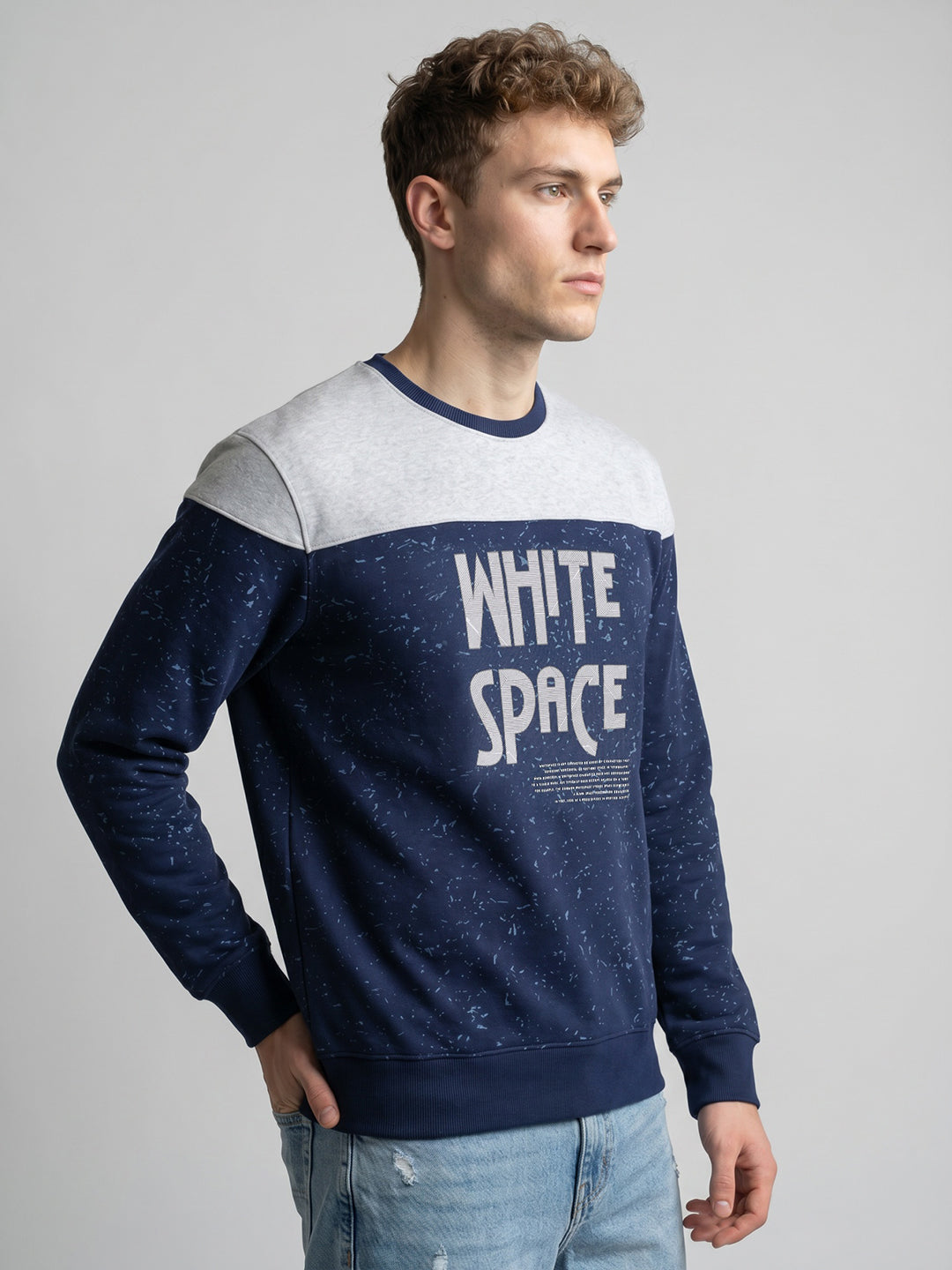 Men Blue Printed Round Neck Full Sleeve Sweatshirt