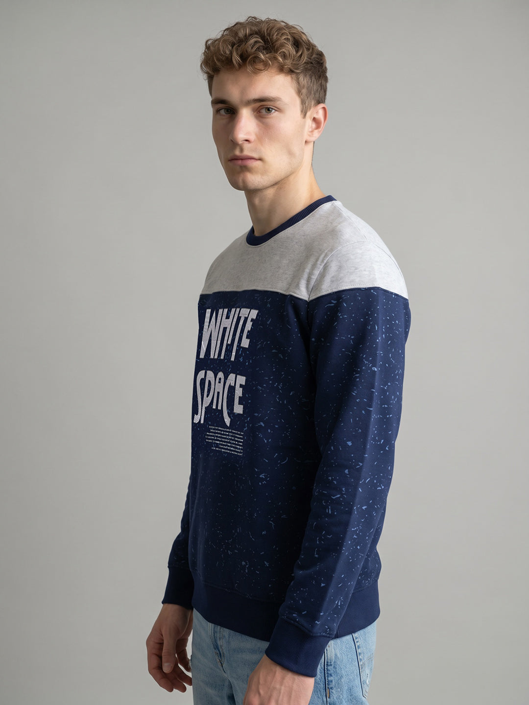 Men Blue Printed Round Neck Full Sleeve Sweatshirt
