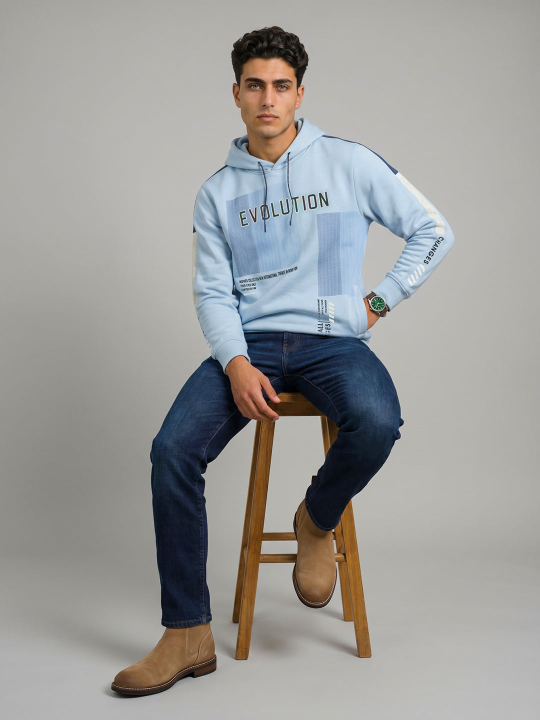 Men Sky Blue Printed Hooded Full Sleeve Sweatshirt
