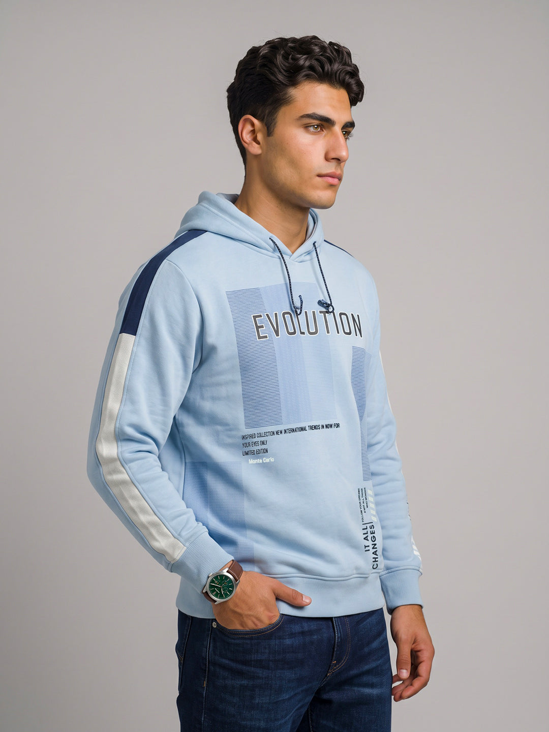 Men Sky Blue Printed Hooded Full Sleeve Sweatshirt