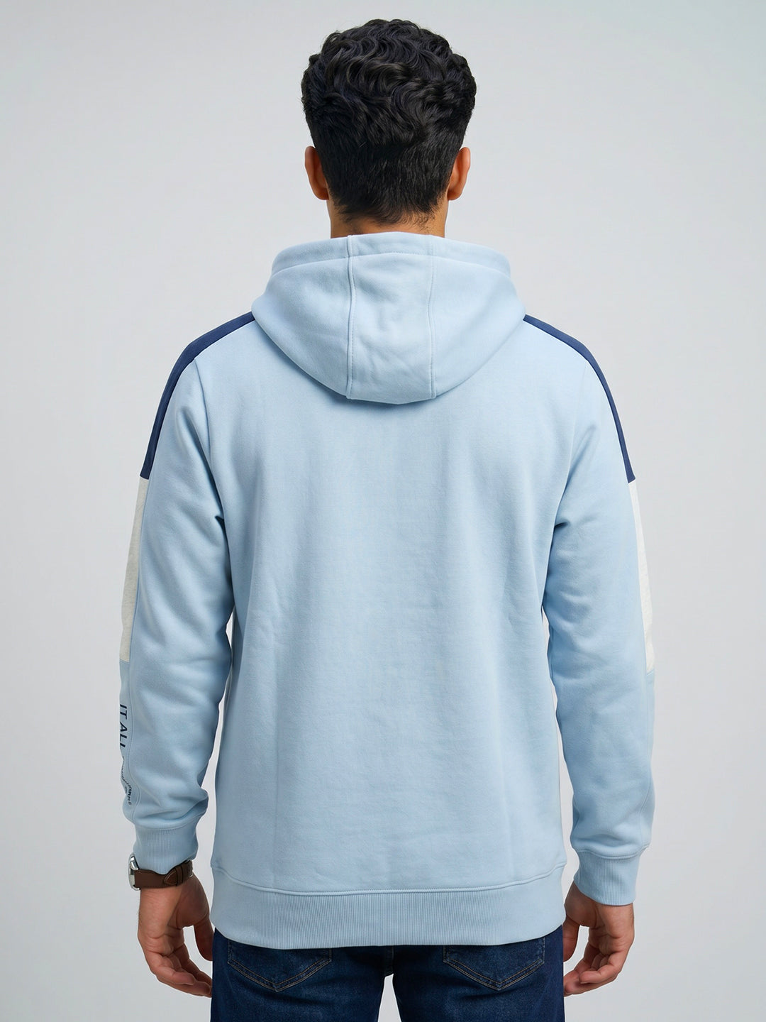 Men Sky Blue Printed Hooded Full Sleeve Sweatshirt