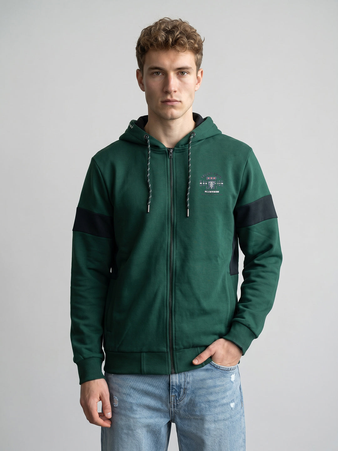 Men Bottle Green Solid Hooded Full Sleeve Sweatshirt