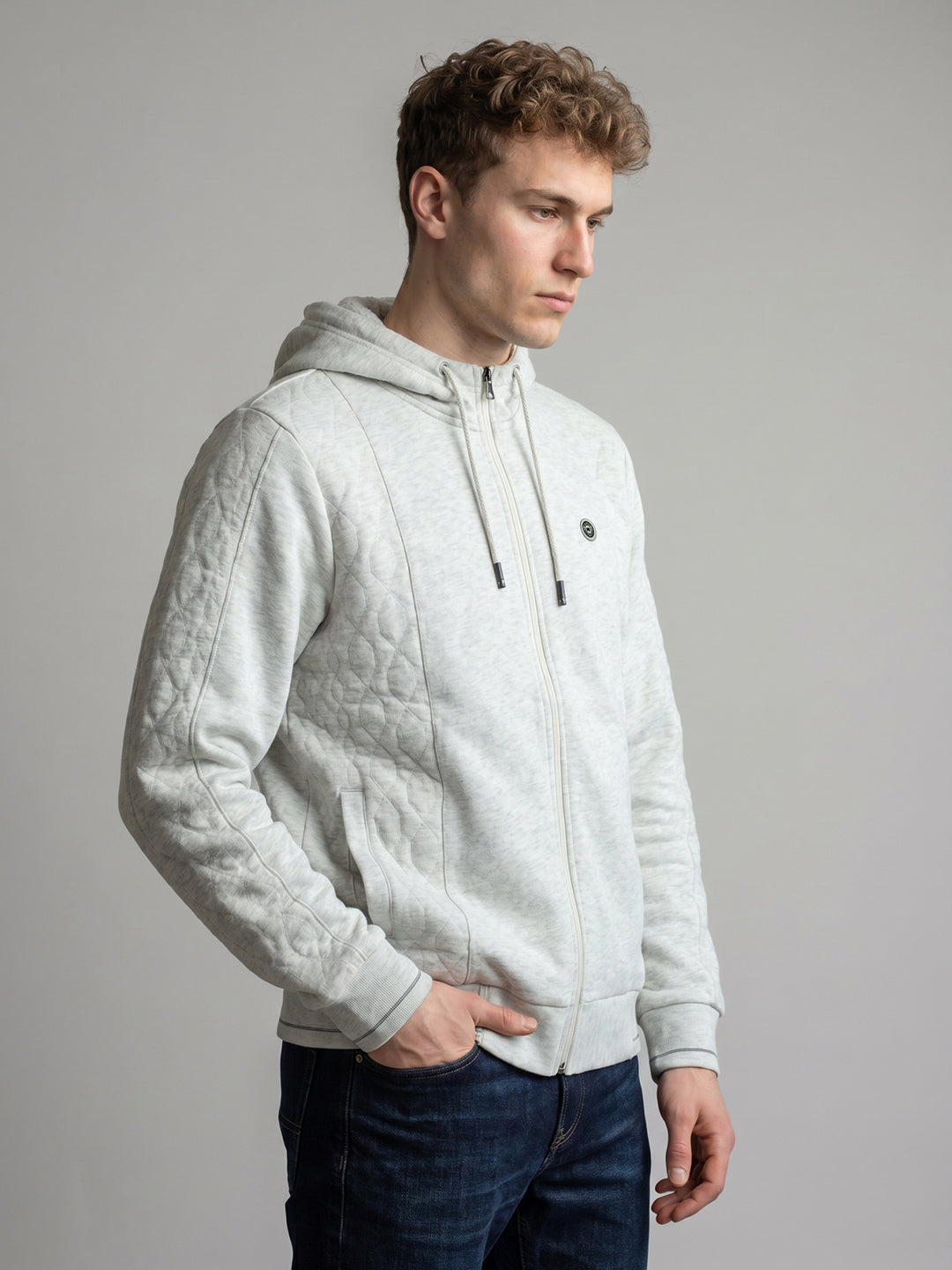 Men Off White Solid Hooded Full Sleeve Sweatshirt