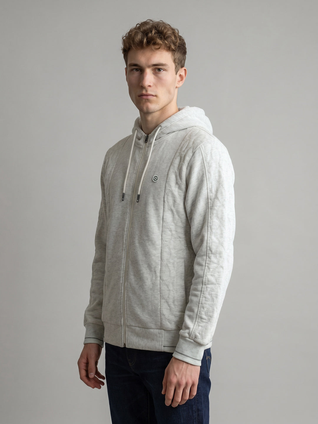 Men Off White Solid Hooded Full Sleeve Sweatshirt
