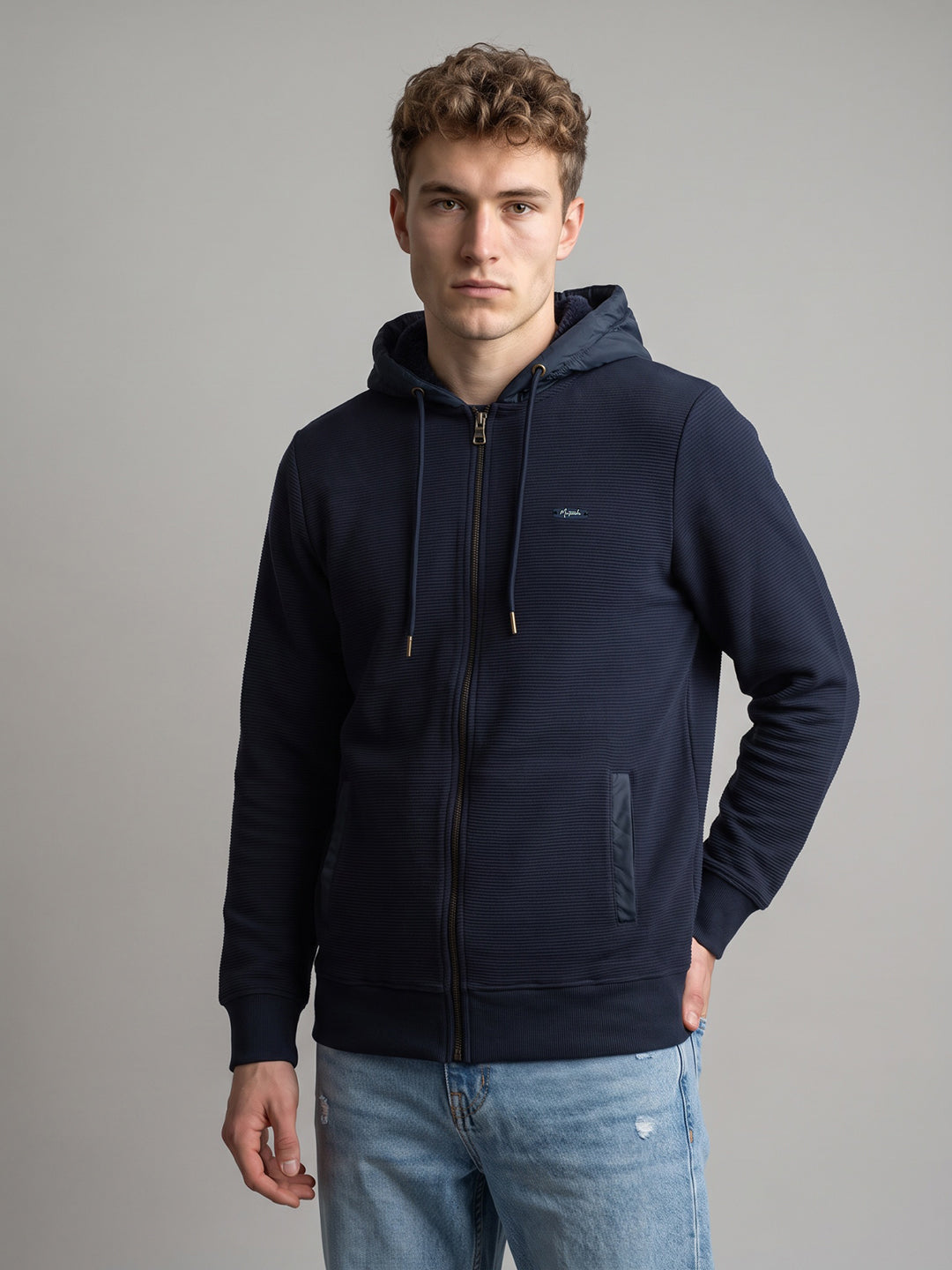 Men Navy Blue Corduroy Hooded Full Sleeve Sweatshirt