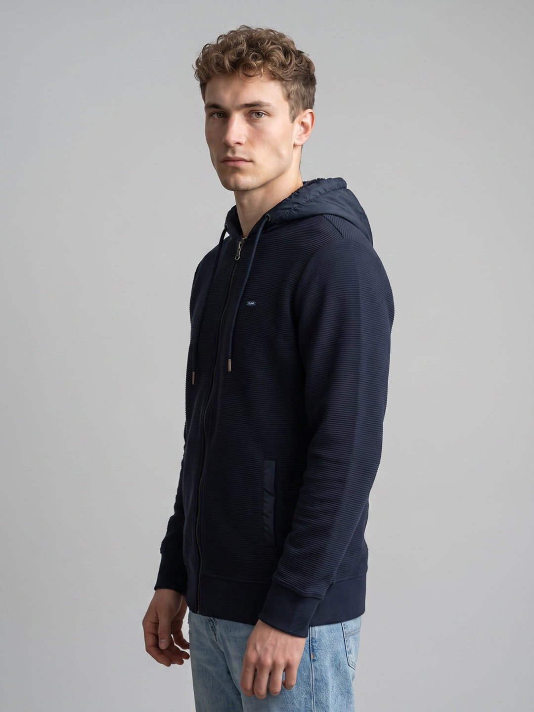 Men Navy Blue Corduroy Hooded Full Sleeve Sweatshirt