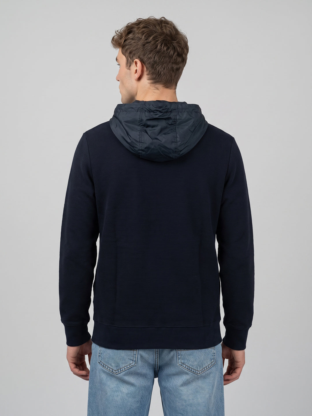 Men Navy Blue Corduroy Hooded Full Sleeve Sweatshirt