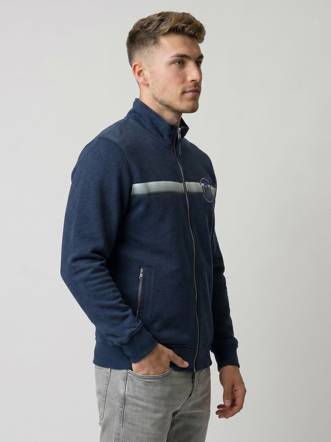 Men Blue Melange Solid Collar Full Sleeve Sweatshirt