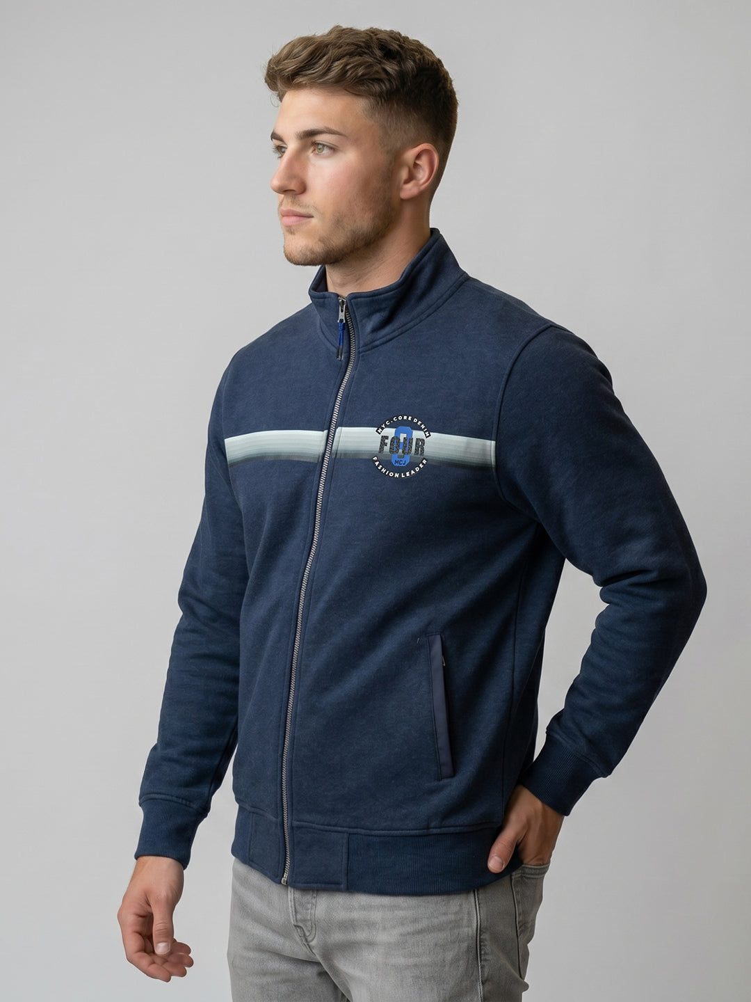 Men Blue Melange Solid Collar Full Sleeve Sweatshirt